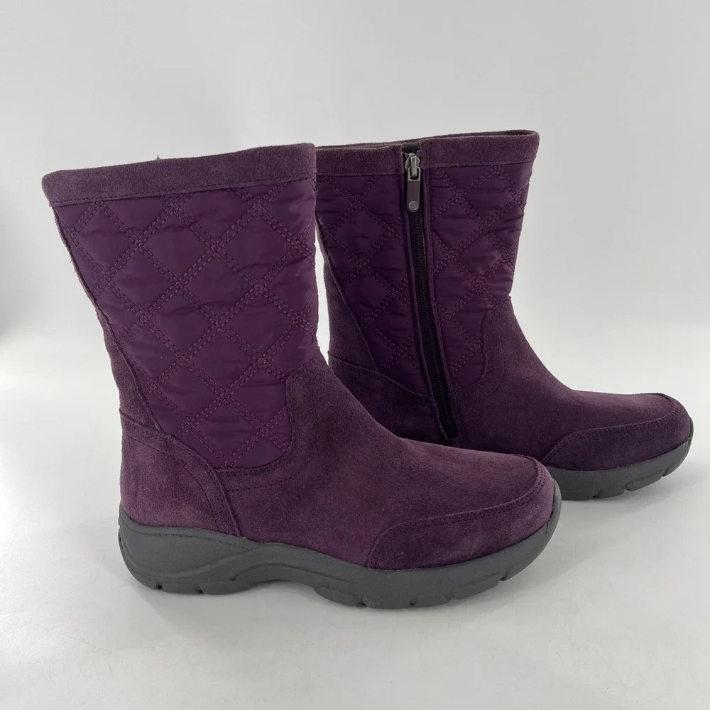 Lands End Snow Boots Suede Leather‎ Calf Womens 7 B Purple Quilted Fleece Lined